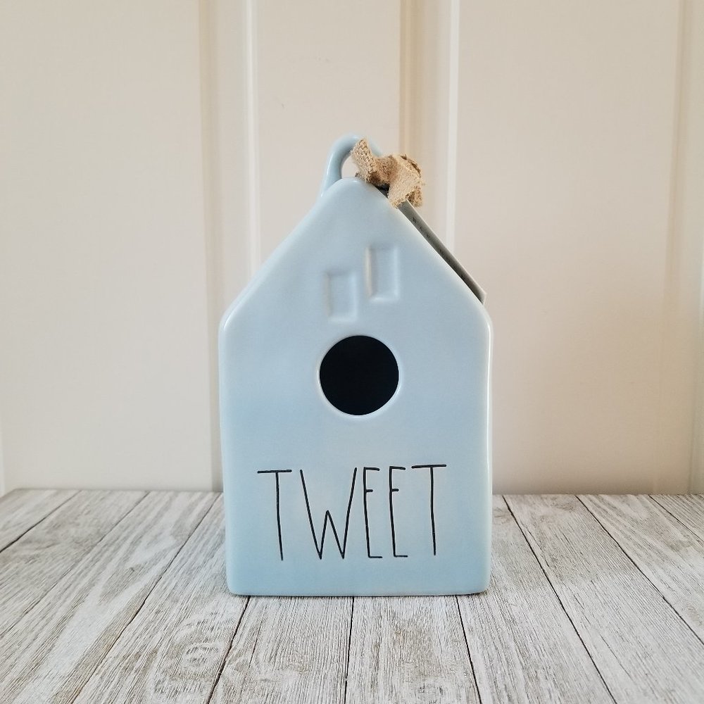 Rae Dunn Blue TWEET Ceramic Tall Birdhouse